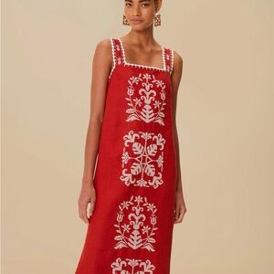 FARM Rio Red and White Embroidered Midi Dress